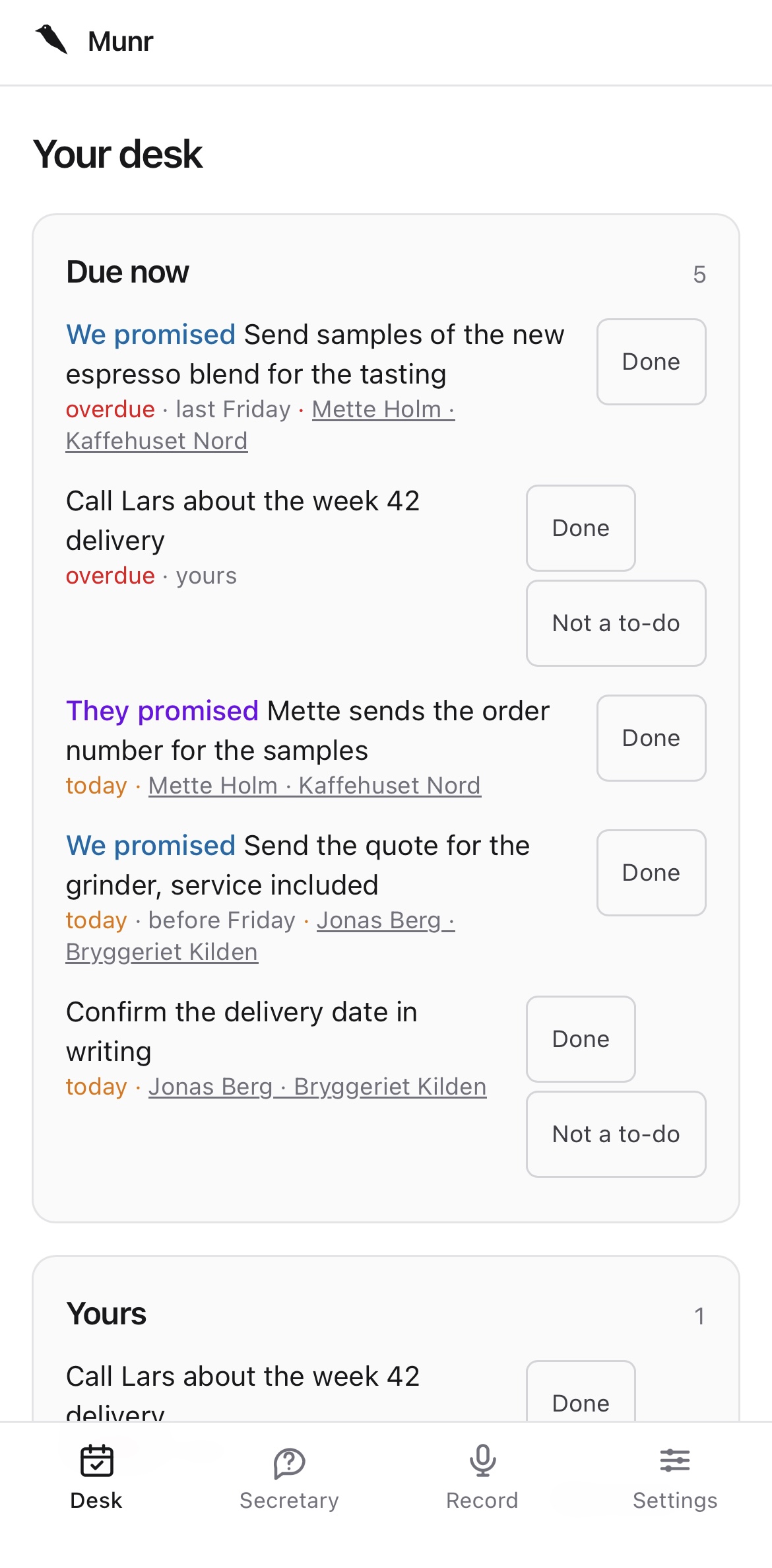 MUNR on a phone: the day's calls, tasks, and a confirmation ready to send